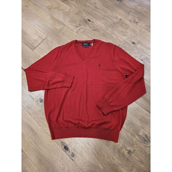 Polo Ralph Lauren Sweater Men Sz L Fine Merino Wool Red Long Sleeve Lightweight - Picture 1 of 6